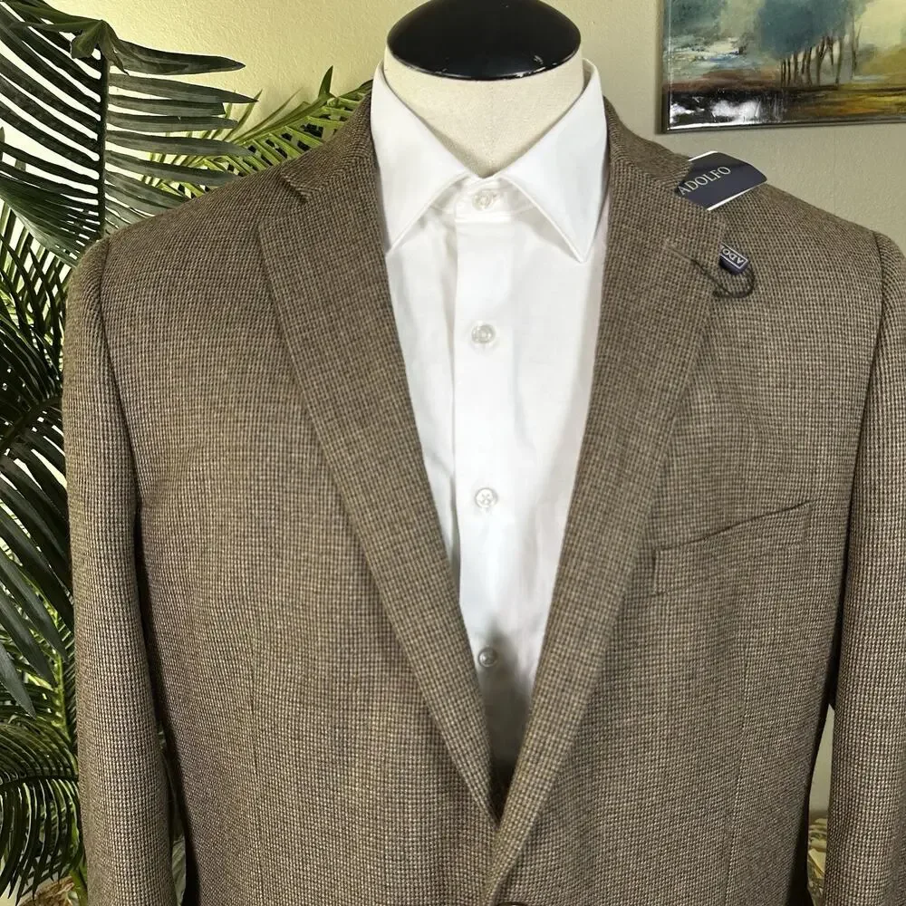 Adolfo Sportcoat Blazer Men 46R New w Tags Lambswool Brown Beige Woven